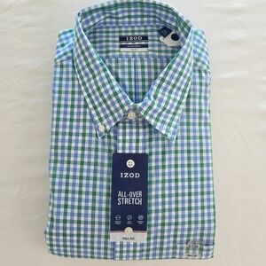 IZOD Shirt 19 37/38 Mens Tall  NEW Plaid All-Over Stretch Fit Short Sleeve Green